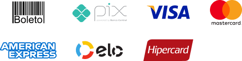Boleto, Pix, Visa, Mastercard, American Express, Elo e Hipercard